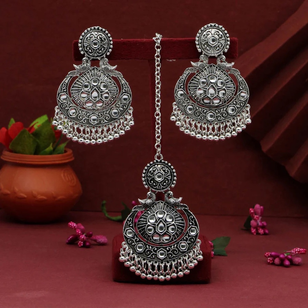 Silver Color Peacock Design Oxidised Earrings Tikka Set